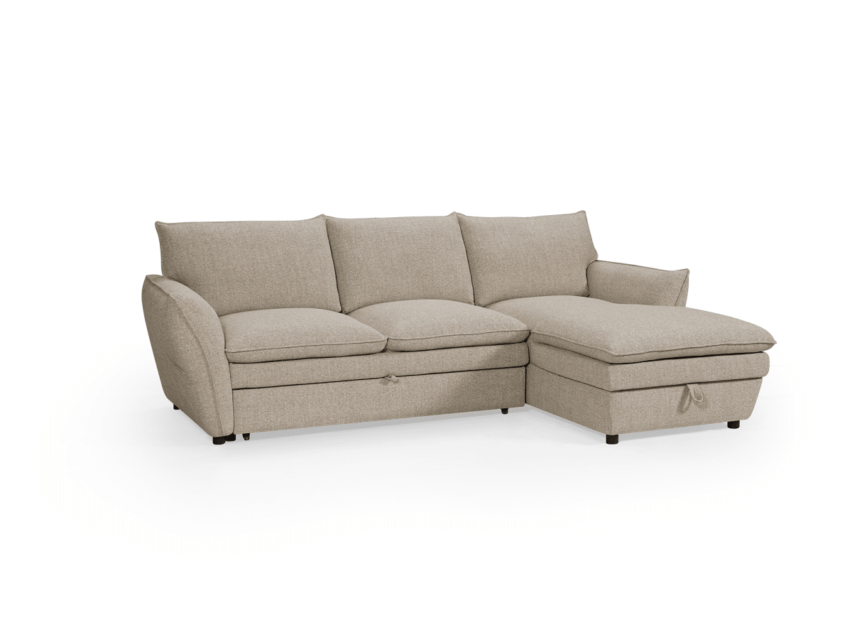 Canapé d'angle convertible avec coffre en tissu taupe CAPUCINE - Angle droit - DécoInParis