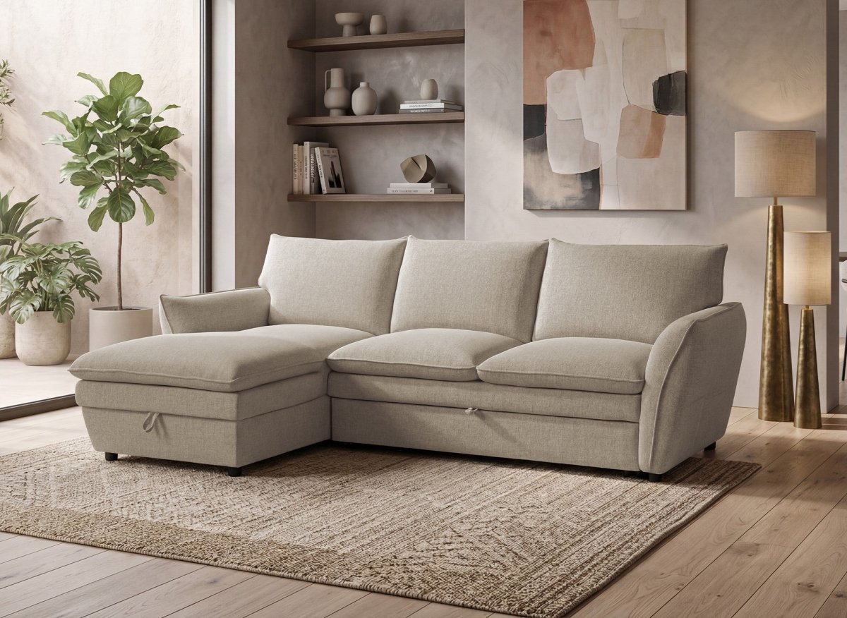 Canapé d'angle convertible avec coffre en tissu taupe CAPUCINE - Angle gauche - DécoInParis