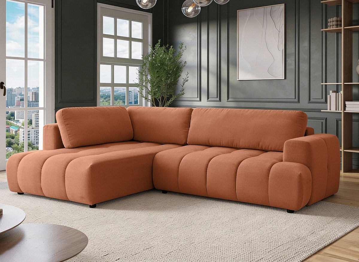 Canapé d'angle convertible avec coffre en tissu terracotta HAVEN - Angle gauche - DécoInParis