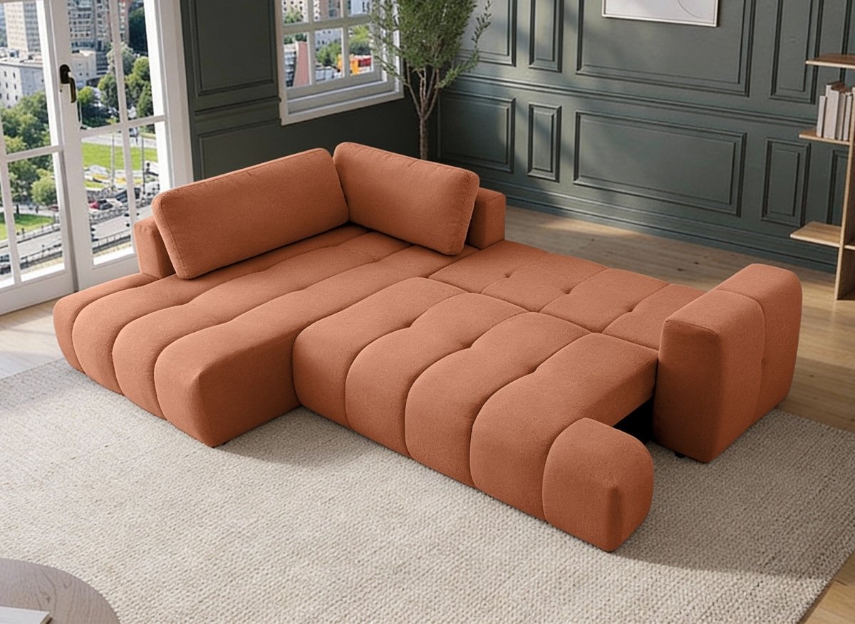 Canapé d'angle convertible avec coffre en tissu terracotta HAVEN - Angle gauche - DécoInParis