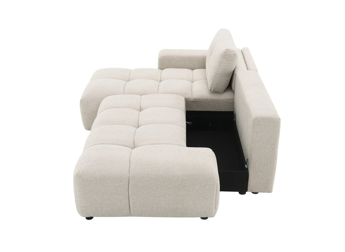 Canapé d'angle convertible avec coffre en tissu texturé beige ANGELINE - Angle gauche - DécoInParis