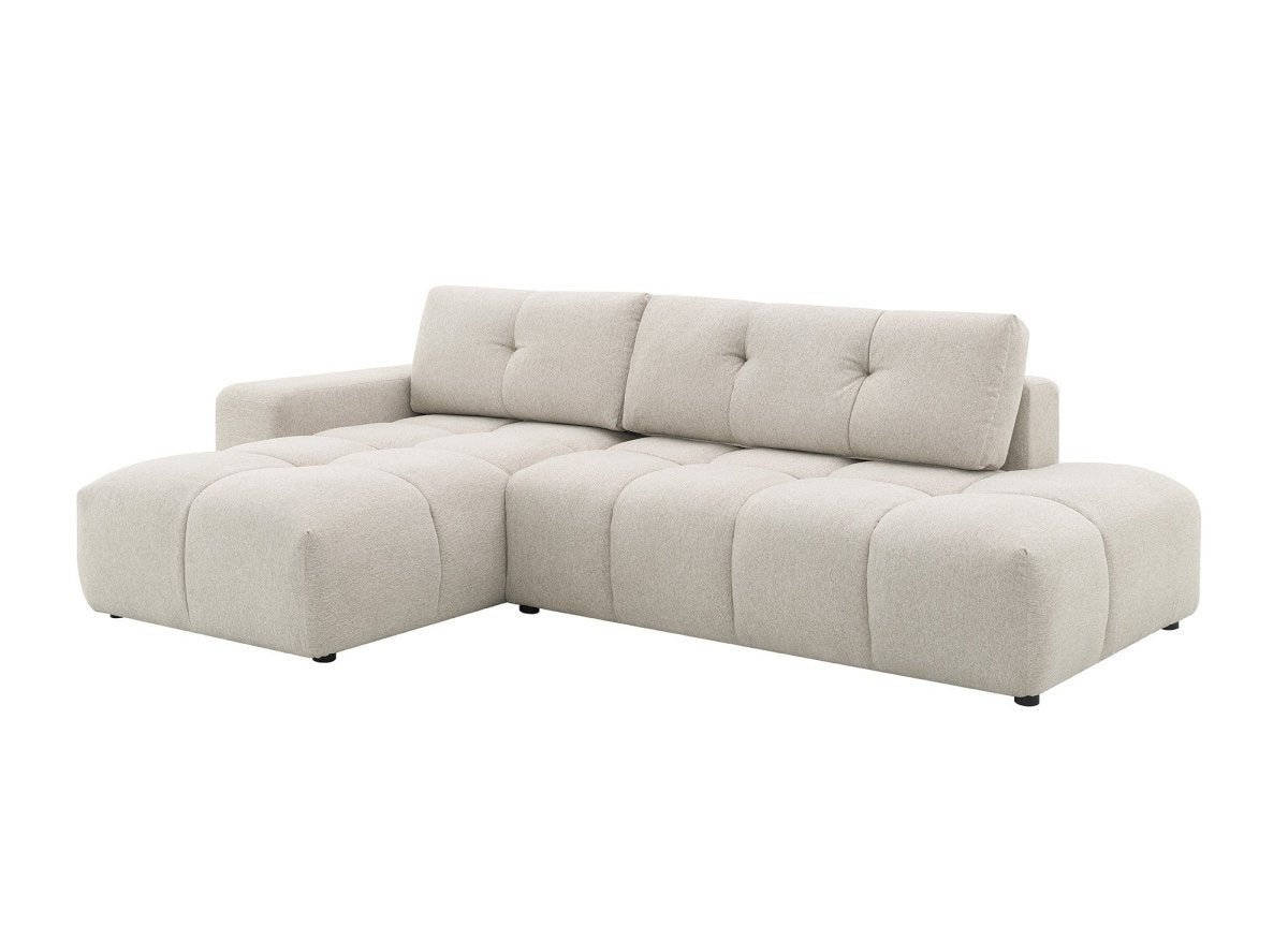 Canapé d'angle convertible avec coffre en tissu texturé beige ANGELINE - Angle gauche - DécoInParis