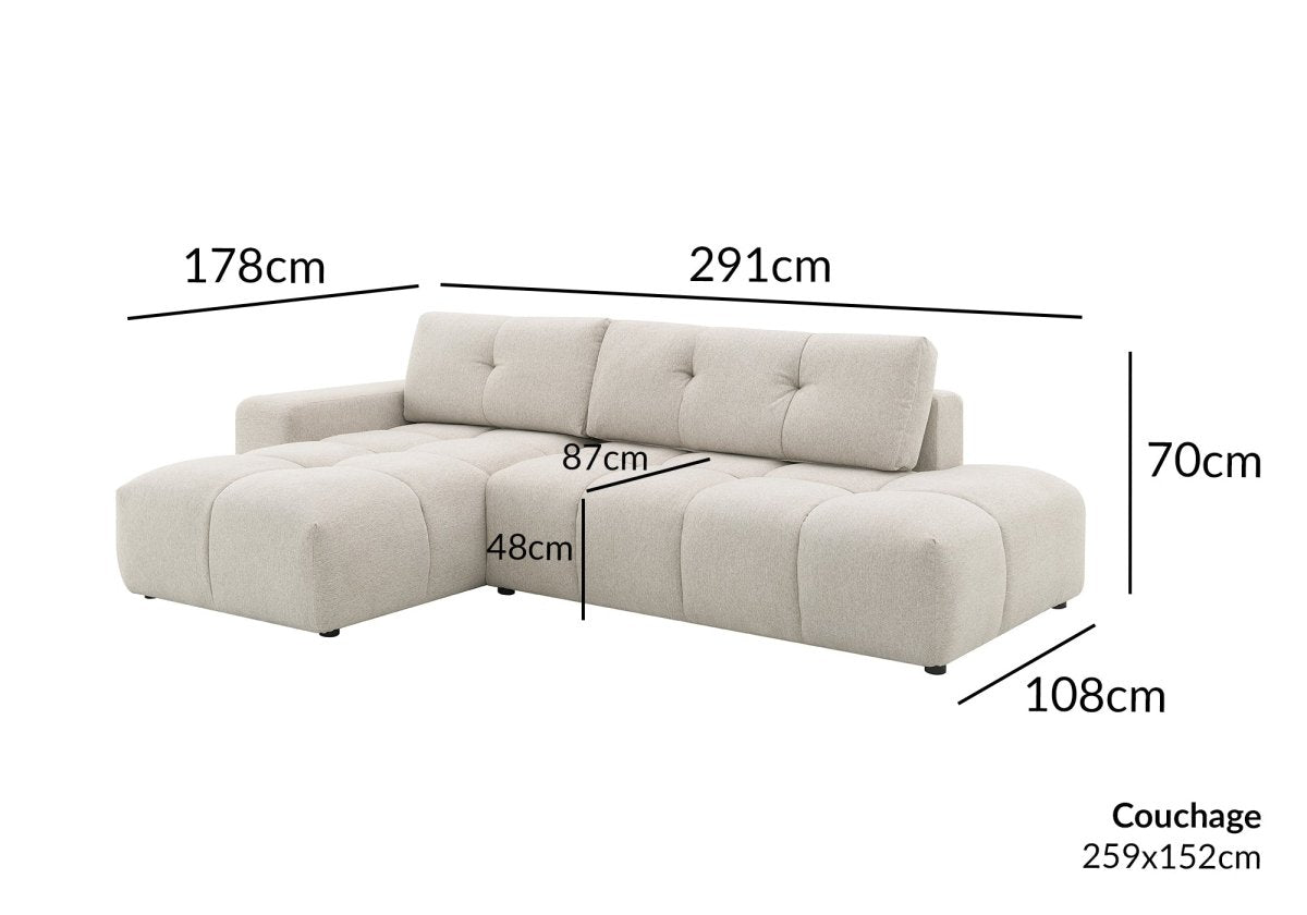 Canapé d'angle convertible avec coffre en tissu texturé beige ANGELINE - Angle gauche - DécoInParis