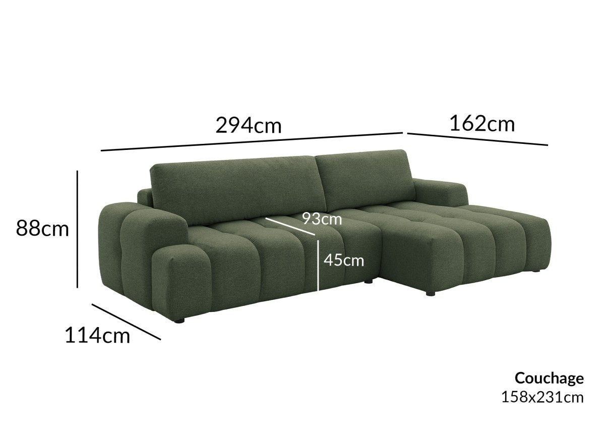 Canapé d'angle convertible avec coffre en tissu texturé vert olive BERENICE - Angle droit - DécoInParis