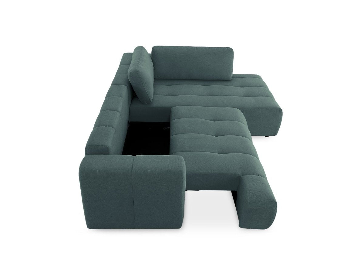 Canapé d'angle convertible avec coffre en tissu vert olive HAVEN - Angle droit - DécoInParis