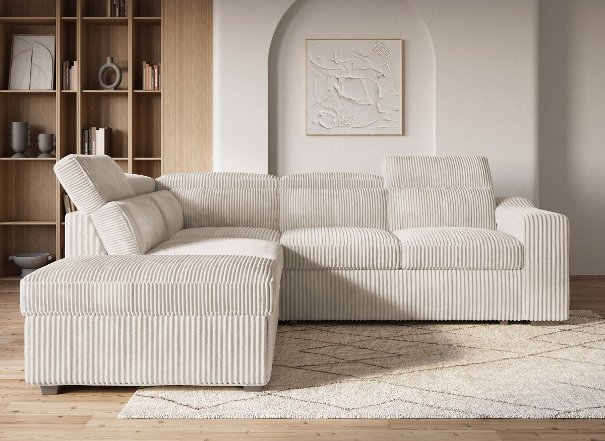 Canapé d'angle convertible avec coffre en velours beige côtelé MARTY - Angle gauche - DécoInParis