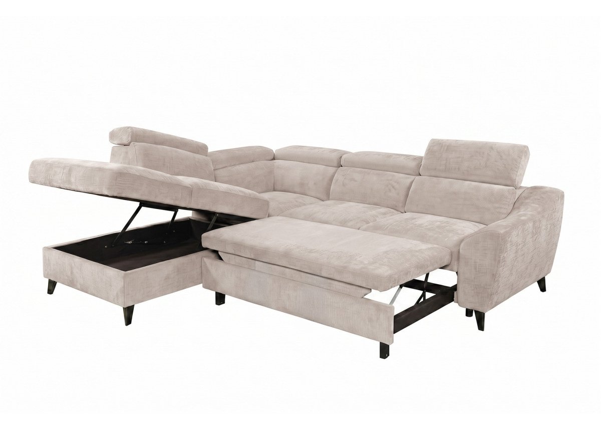 Canapé d'angle convertible avec coffre en velours chiné beige DALTON - Angle gauche - DécoInParis