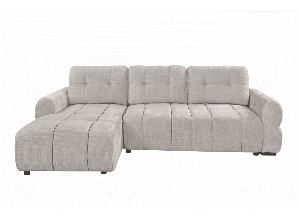 Canapé d'angle convertible avec coffre en velours chiné beige MAHLONE - Angle gauche - DécoInParis