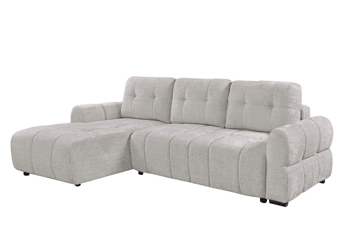 Canapé d'angle convertible avec coffre en velours chiné beige MAHLONE - Angle gauche - DécoInParis