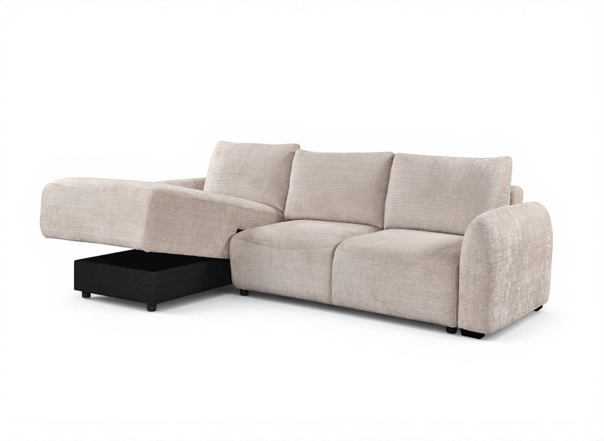 Canapé d'angle convertible avec coffre en velours chiné beige MARLA - Angle gauche - DécoInParis