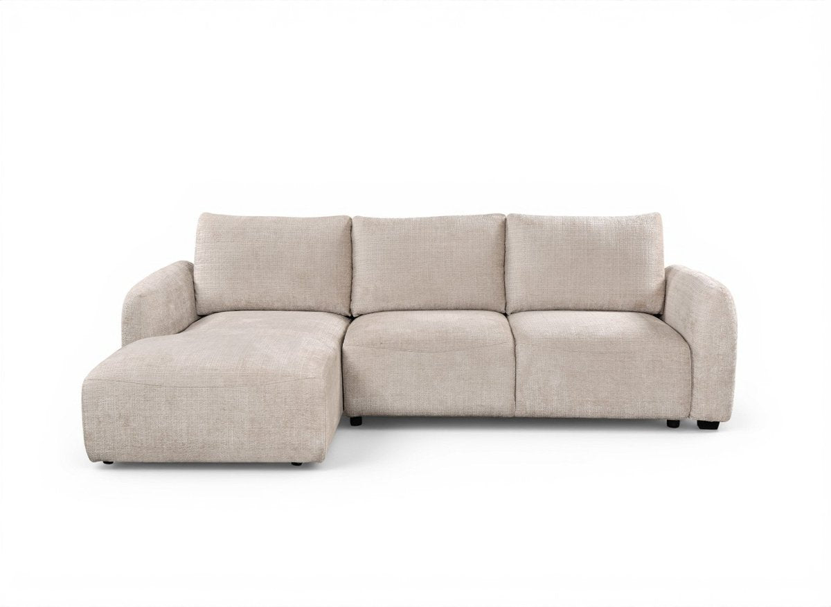 Canapé d'angle convertible avec coffre en velours chiné beige MARLA - Angle gauche - DécoInParis