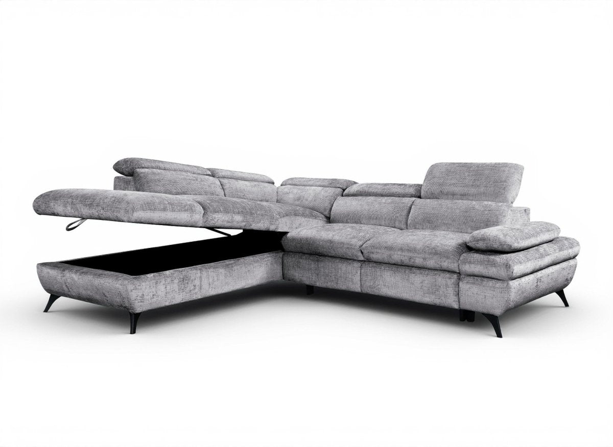 Canapé d'angle convertible avec coffre en velours chiné gris LUFY - Angle gauche - DécoInParis