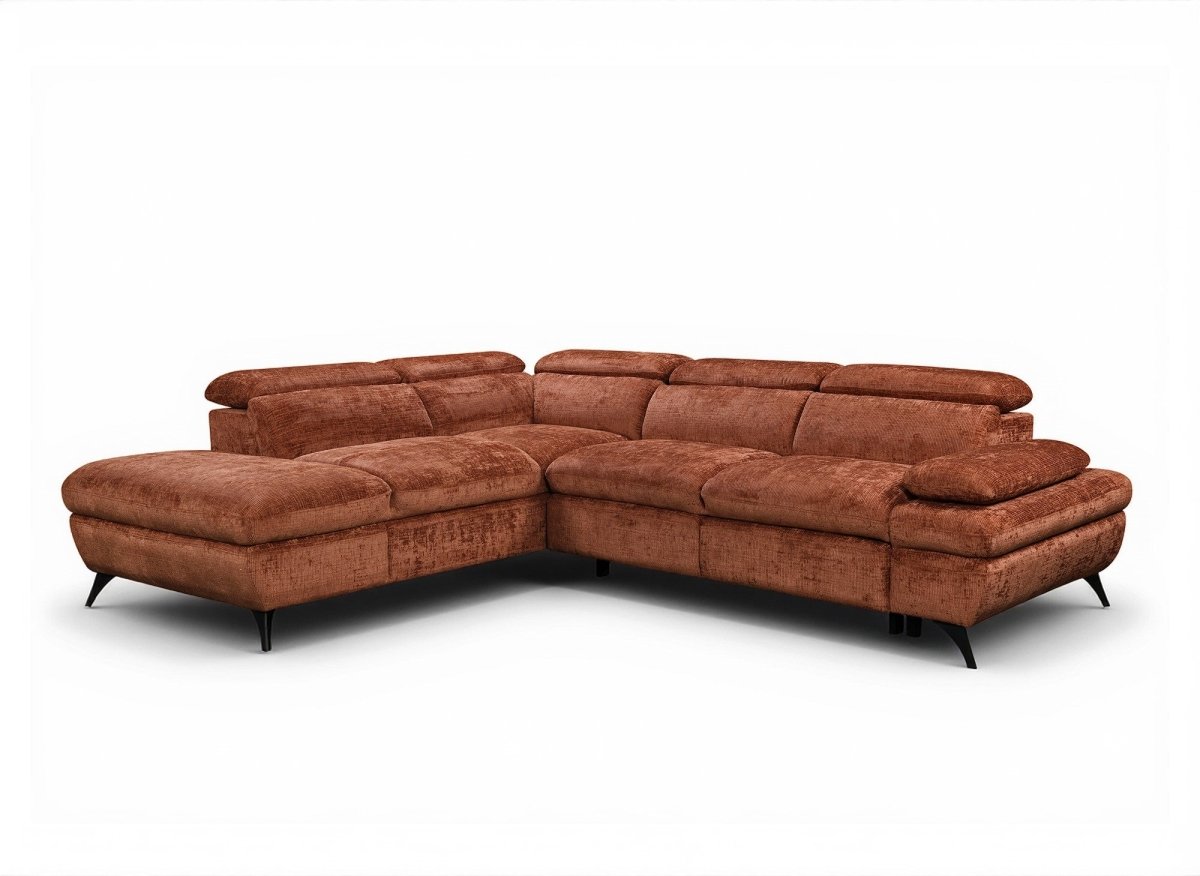 Canapé d'angle convertible avec coffre en velours chiné terracotta LUFY - Angle gauche - DécoInParis