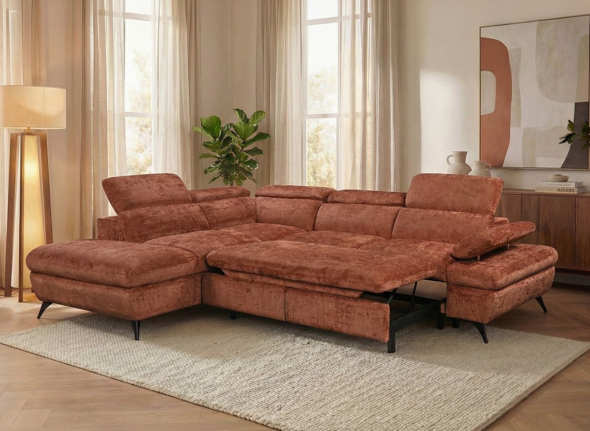 Canapé d'angle convertible avec coffre en velours chiné terracotta LUFY - Angle gauche - DécoInParis