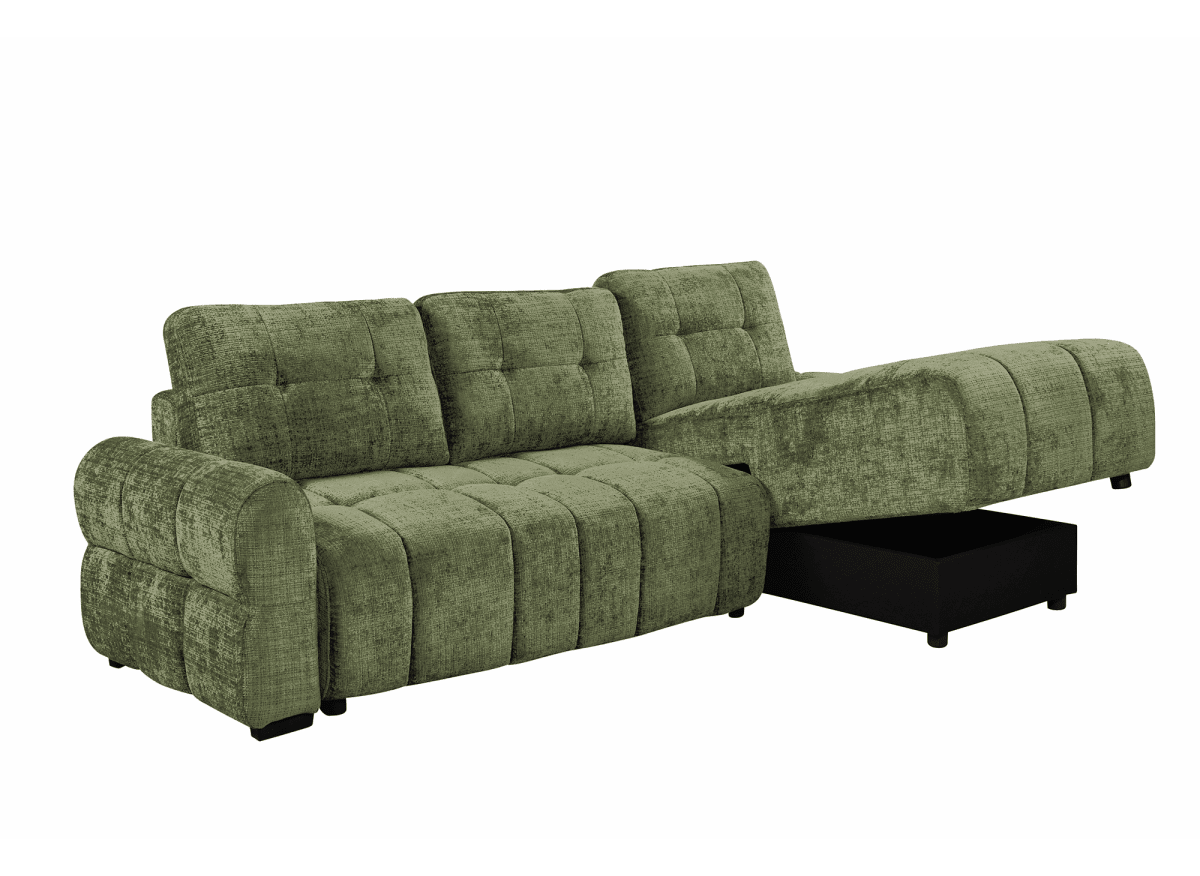 Canapé d'angle convertible avec coffre en velours chiné vert olive MAHLONE - Angle droit - DécoInParis