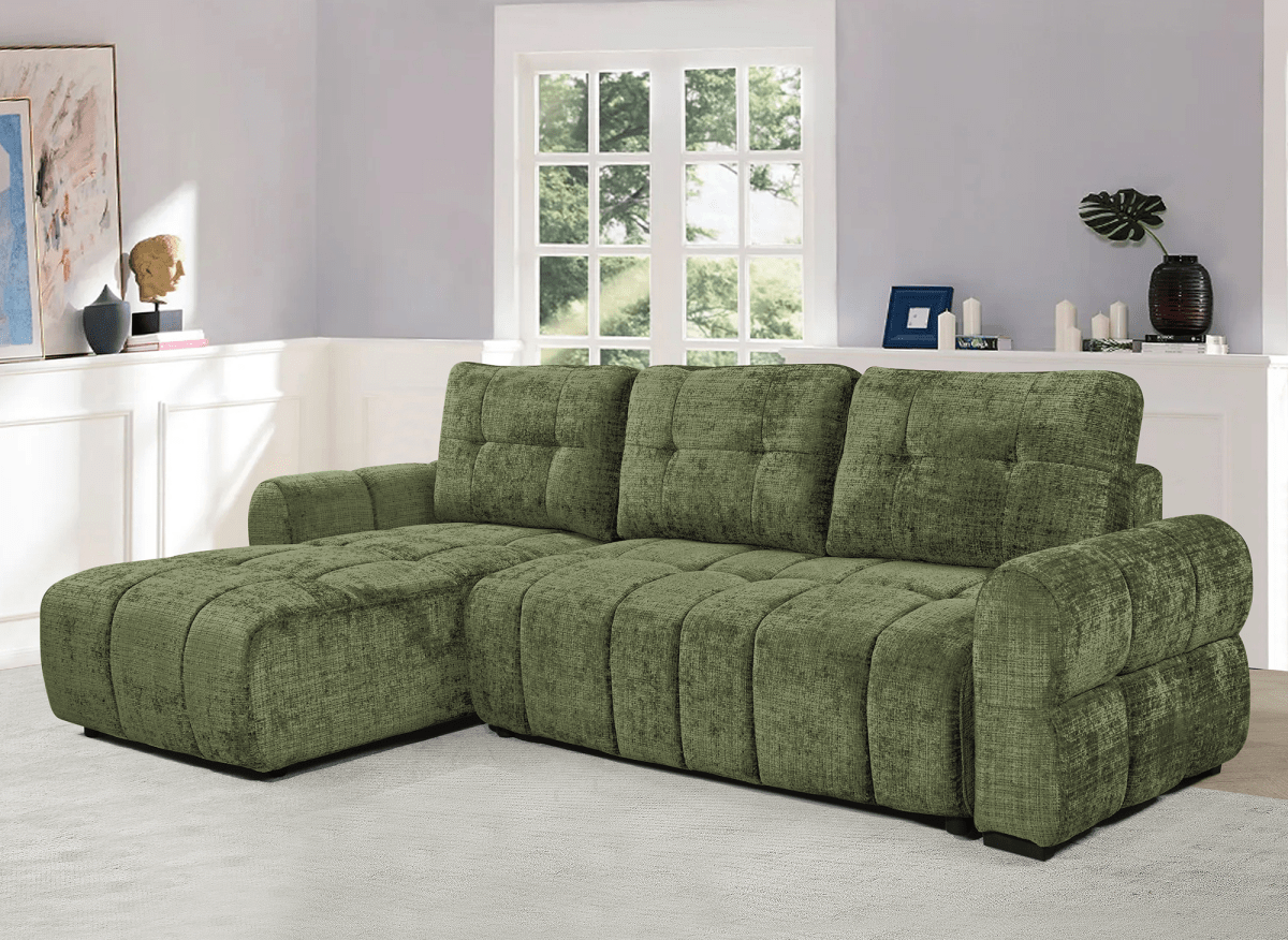 Canapé d'angle convertible avec coffre en velours chiné vert olive MAHLONE - Angle gauche - DécoInParis