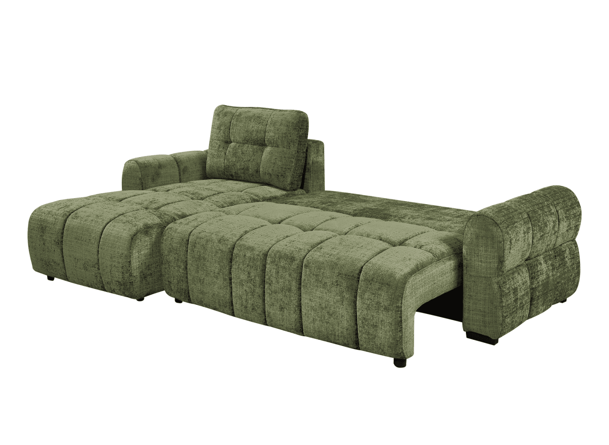 Canapé d'angle convertible avec coffre en velours chiné vert olive MAHLONE - Angle gauche - DécoInParis