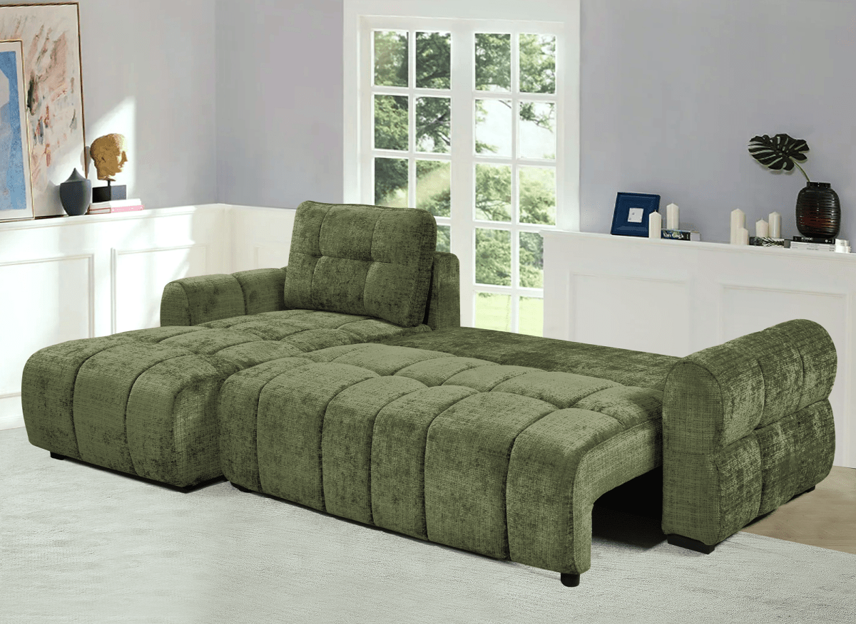 Canapé d'angle convertible avec coffre en velours chiné vert olive MAHLONE - Angle gauche - DécoInParis