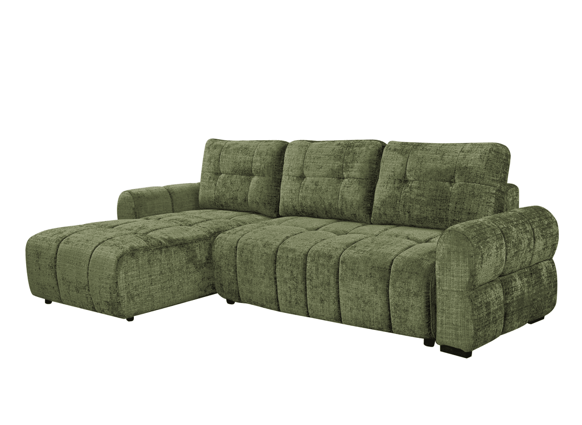 Canapé d'angle convertible avec coffre en velours chiné vert olive MAHLONE - Angle gauche - DécoInParis