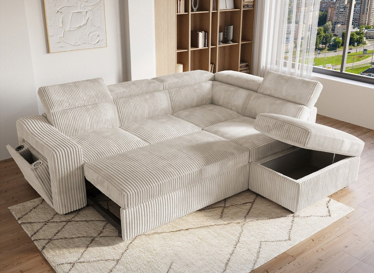 Canapé d'angle convertible avec coffre en velours côtelé beige MARTY - Angle droit - DécoInParis