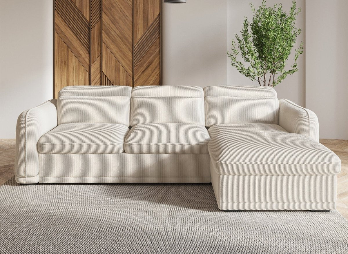 Canapé d'angle convertible avec coffre en velours côtelé épais beige PETUNIA - Angle droit - DécoInParis