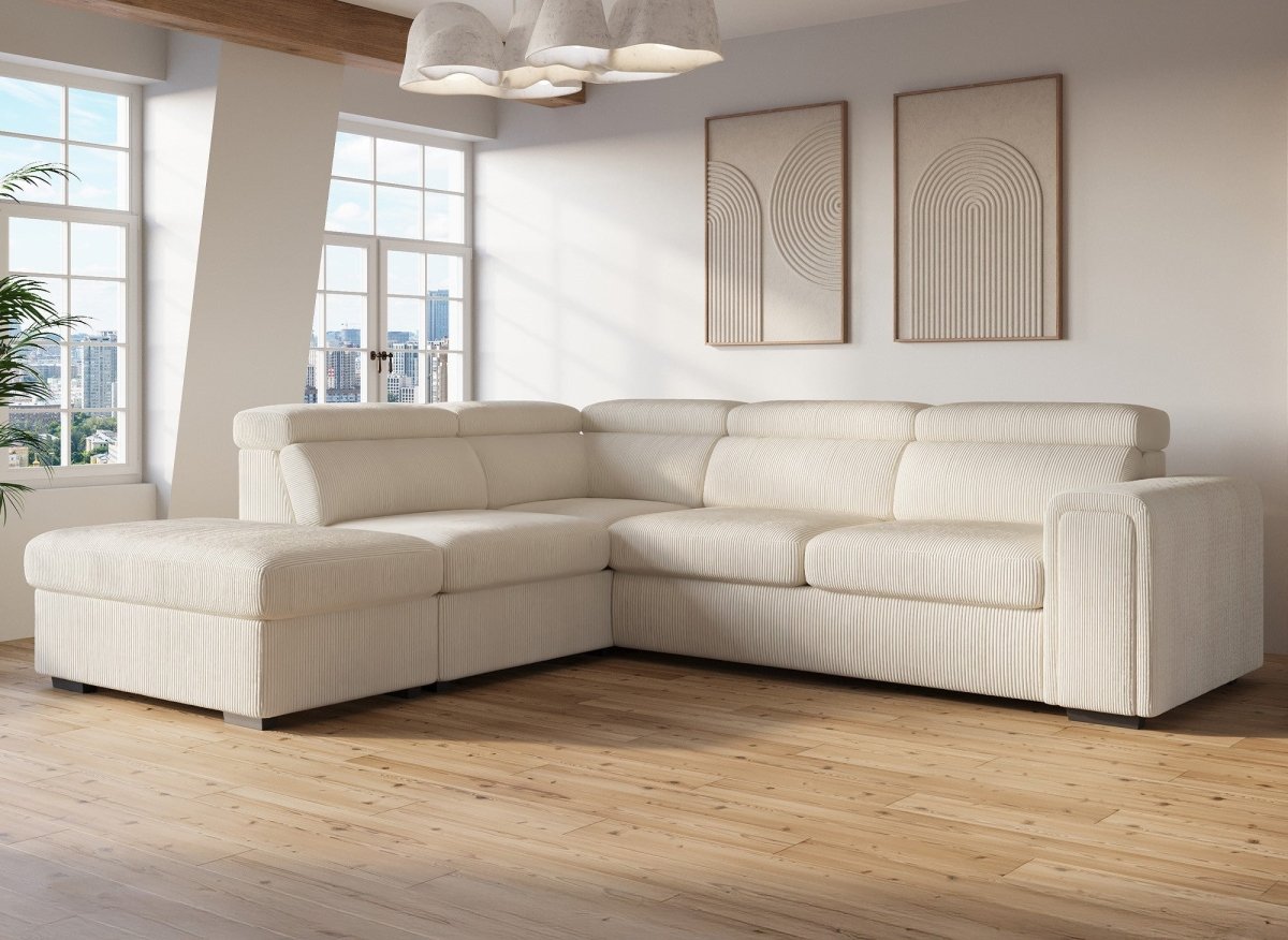 Canapé d'angle convertible avec coffre en velours côtelé épais beige ZENOVA - Angle gauche - DécoInParis