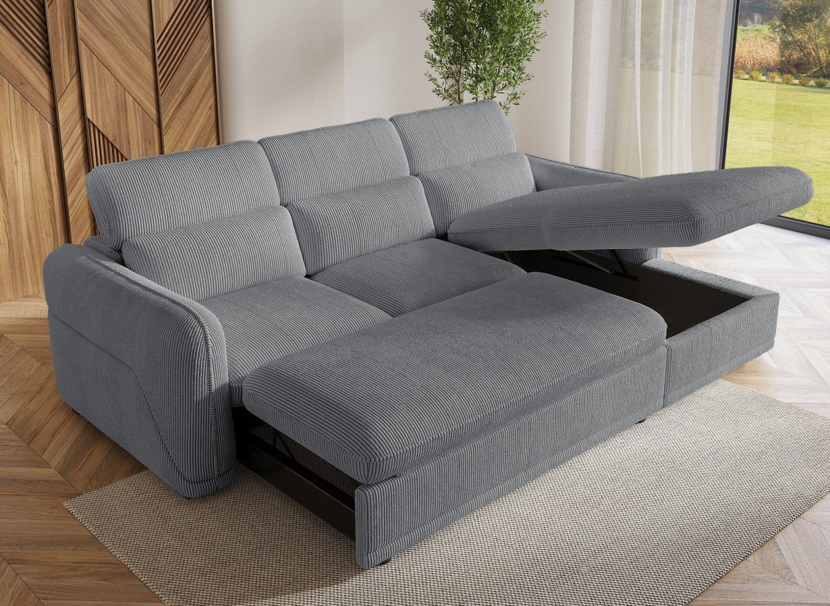 Canapé d'angle convertible avec coffre en velours côtelé épais gris PETUNIA - Angle droit - DécoInParis