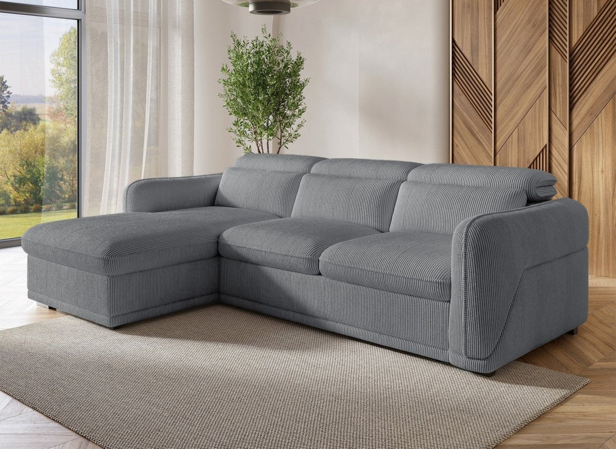 Canapé d'angle convertible avec coffre en velours côtelé épais gris PETUNIA - Angle gauche - DécoInParis