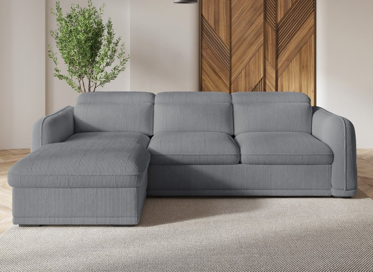 Canapé d'angle convertible avec coffre en velours côtelé épais gris PETUNIA - Angle gauche - DécoInParis