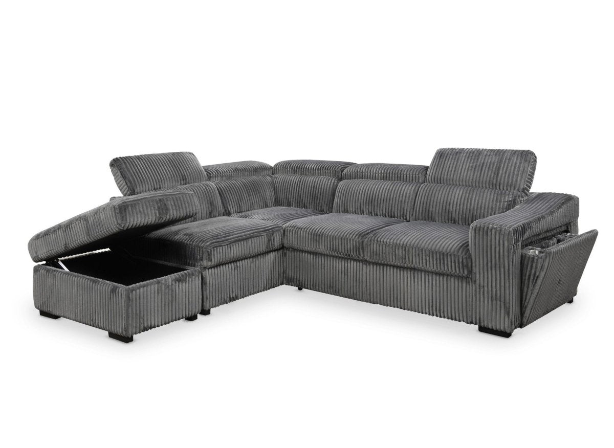 Canapé d'angle convertible avec coffre en velours côtelé gris MARTY - Angle gauche - DécoInParis