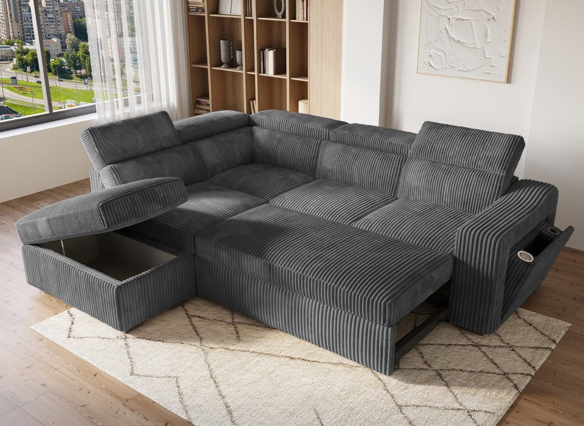 Canapé d'angle convertible avec coffre en velours côtelé gris MARTY - Angle gauche - DécoInParis