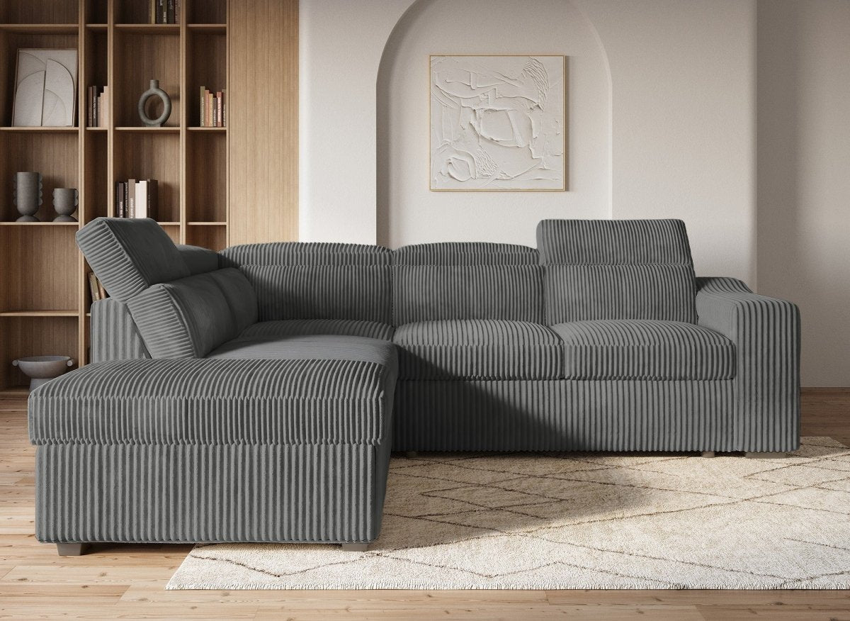 Canapé d'angle convertible avec coffre en velours côtelé gris MARTY - Angle gauche - DécoInParis