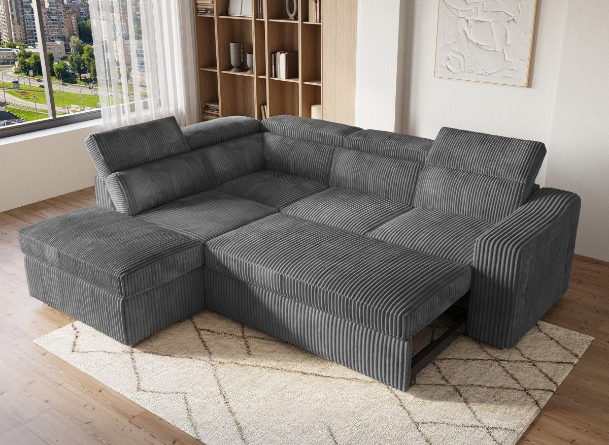 Canapé d'angle convertible avec coffre en velours côtelé gris MARTY - Angle gauche - DécoInParis