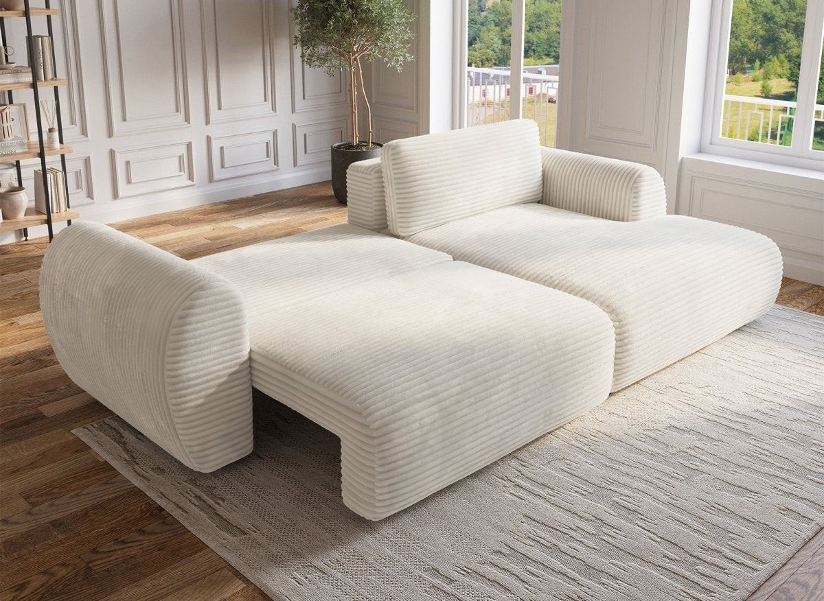 Canapé d'angle convertible avec coffre en velours gros côtelé doux beige TILDA - Angle droit - DécoInParis