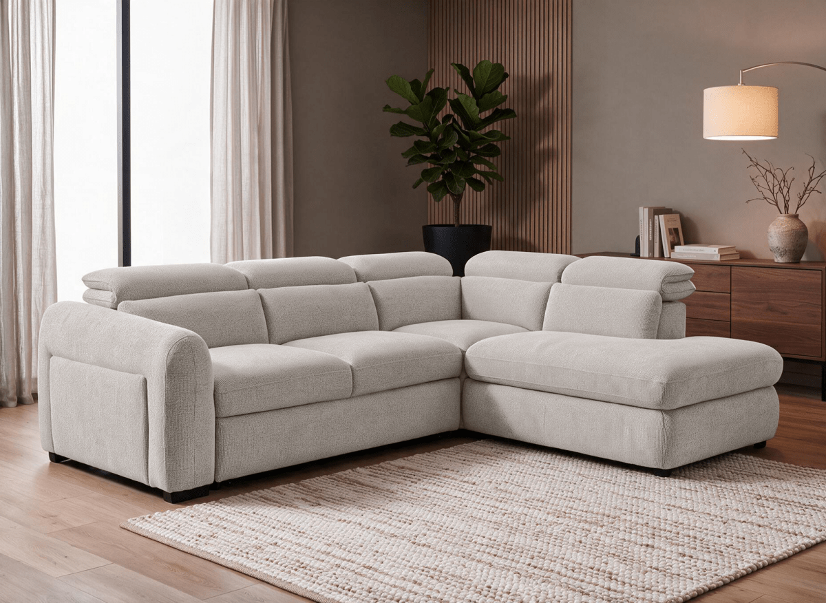 Canapé d'angle convertible avec coffre en velours texturé beige MADISON - Angle droit - DécoInParis