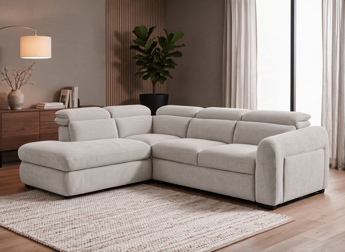 Canapé d'angle convertible avec coffre en velours texturé beige MADISON - Angle gauche - DécoInParis