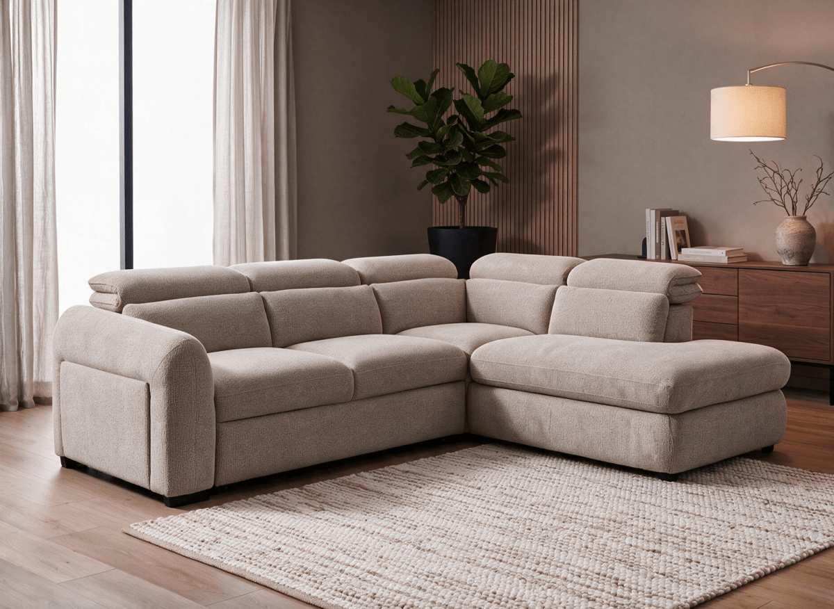 Canapé d'angle convertible avec coffre en velours texturé taupe MADISON - Angle droit - DécoInParis