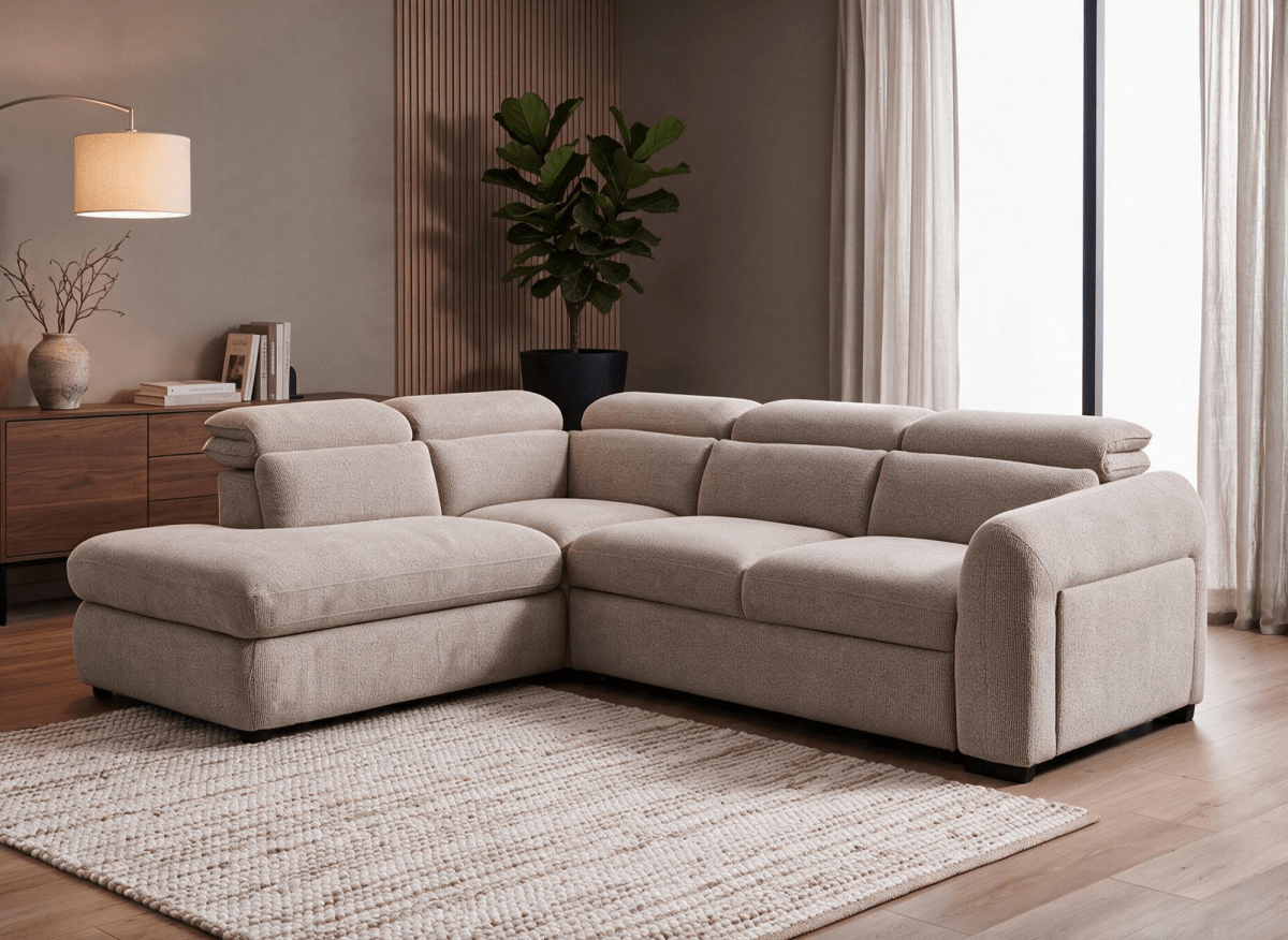 Canapé d'angle convertible avec coffre en velours texturé taupe MADISON - Angle gauche - DécoInParis