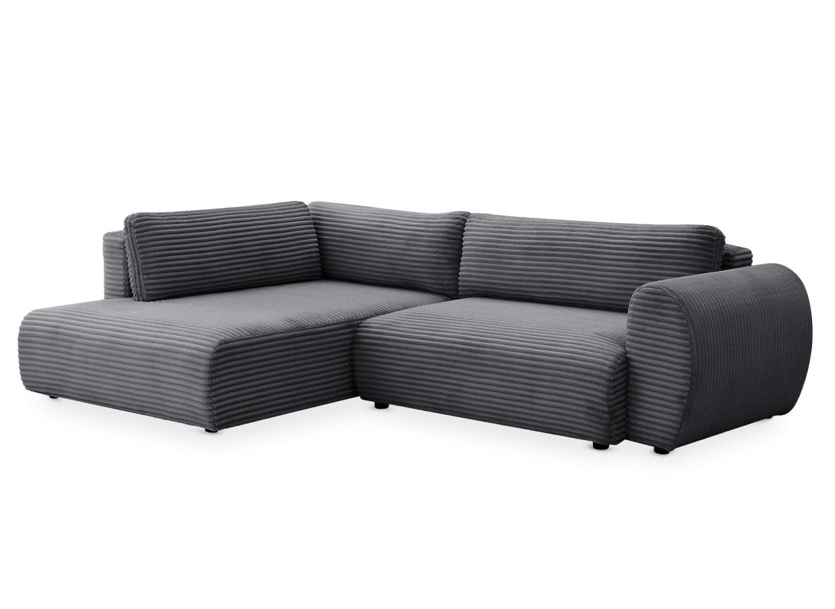 Canapé d'angle convertible avec méridienne et coffre en gros côtelé doux gris TILDA - Angle gauche - DécoInParis