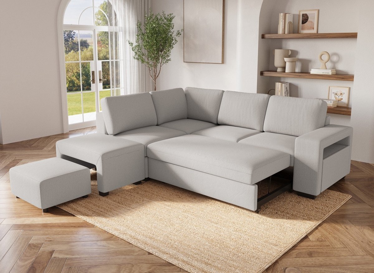 Canapé d'angle convertible en tissu beige ALBAN - Angle gauche - DécoInParis