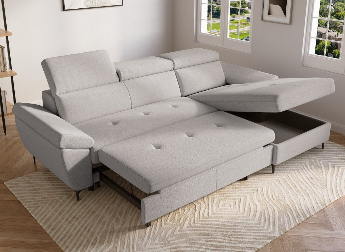 Canapé d'angle convertible en tissu beige MONICA - Angle droit - DécoInParis