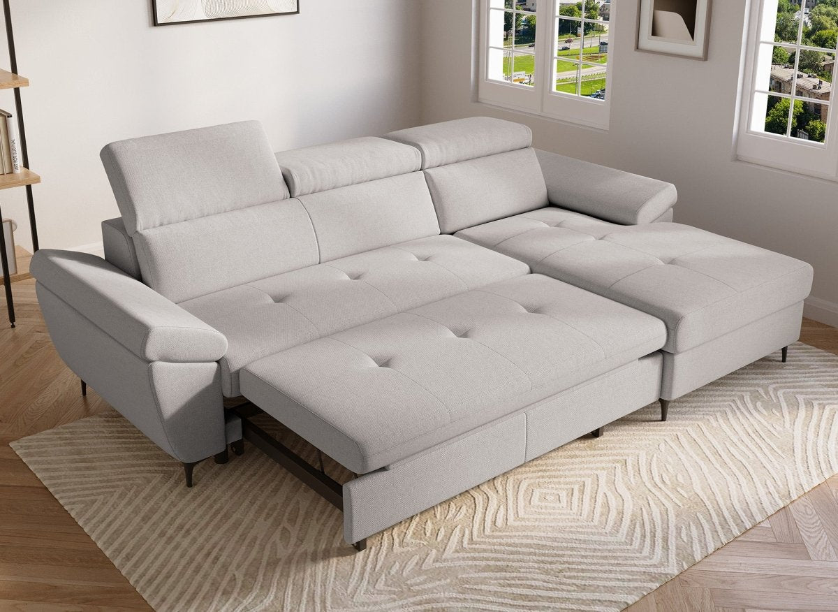 Canapé d'angle convertible en tissu beige MONICA - Angle droit - DécoInParis