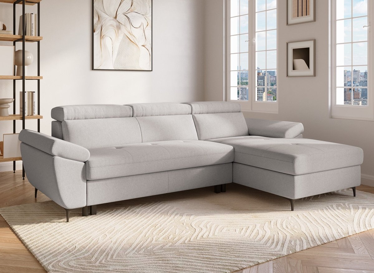 Canapé d'angle convertible en tissu beige MONICA - Angle droit - DécoInParis