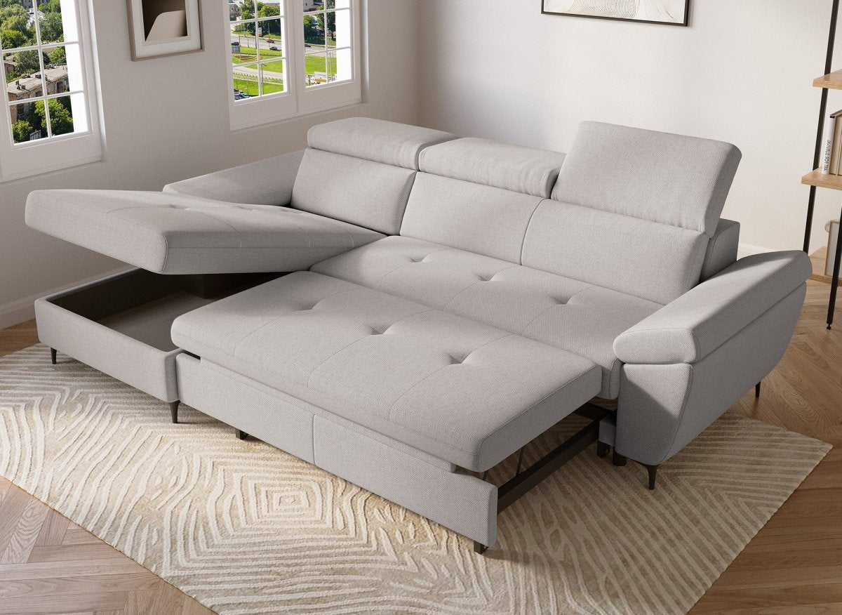 Canapé d'angle convertible en tissu beige MONICA - Angle gauche - DécoInParis