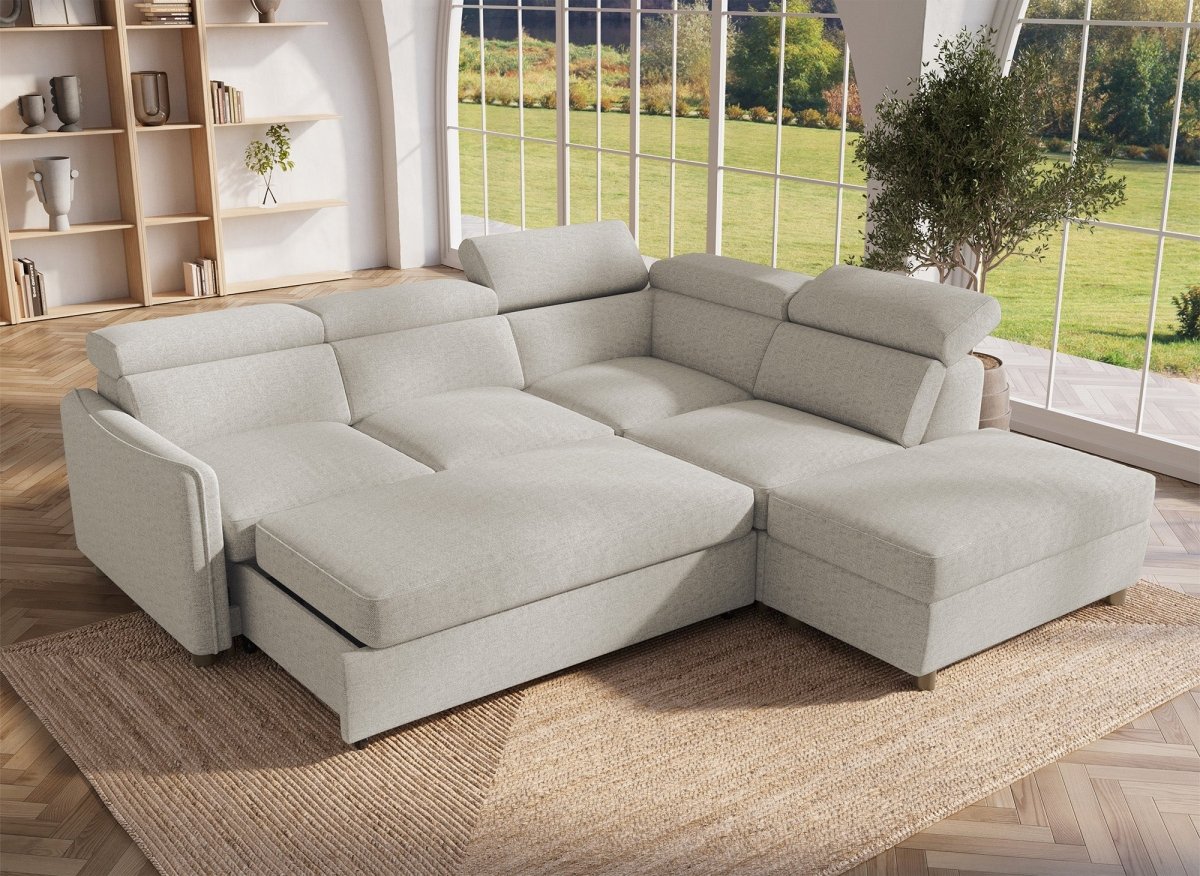 Canapé d'angle convertible en tissu beige NAIROBI - Angle droit - DécoInParis