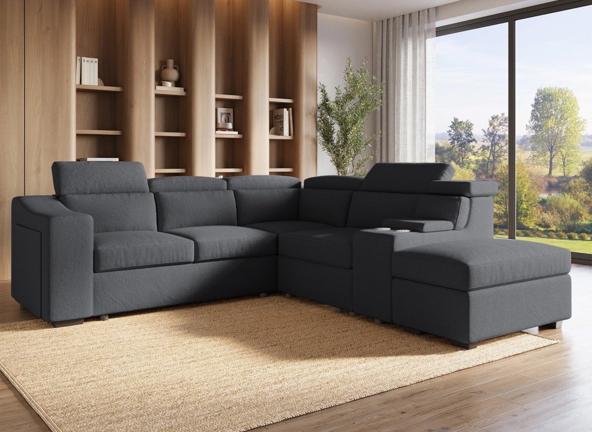 Canapé d'angle convertible en tissu gris foncé DEREK XL - Angle droit - DécoInParis