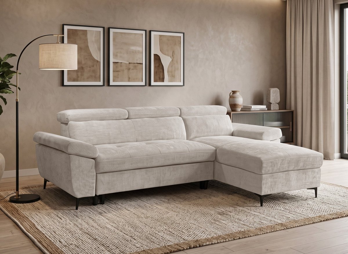 Canapé d'angle convertible en velours chiné beige MONICA - Angle droit - DécoInParis