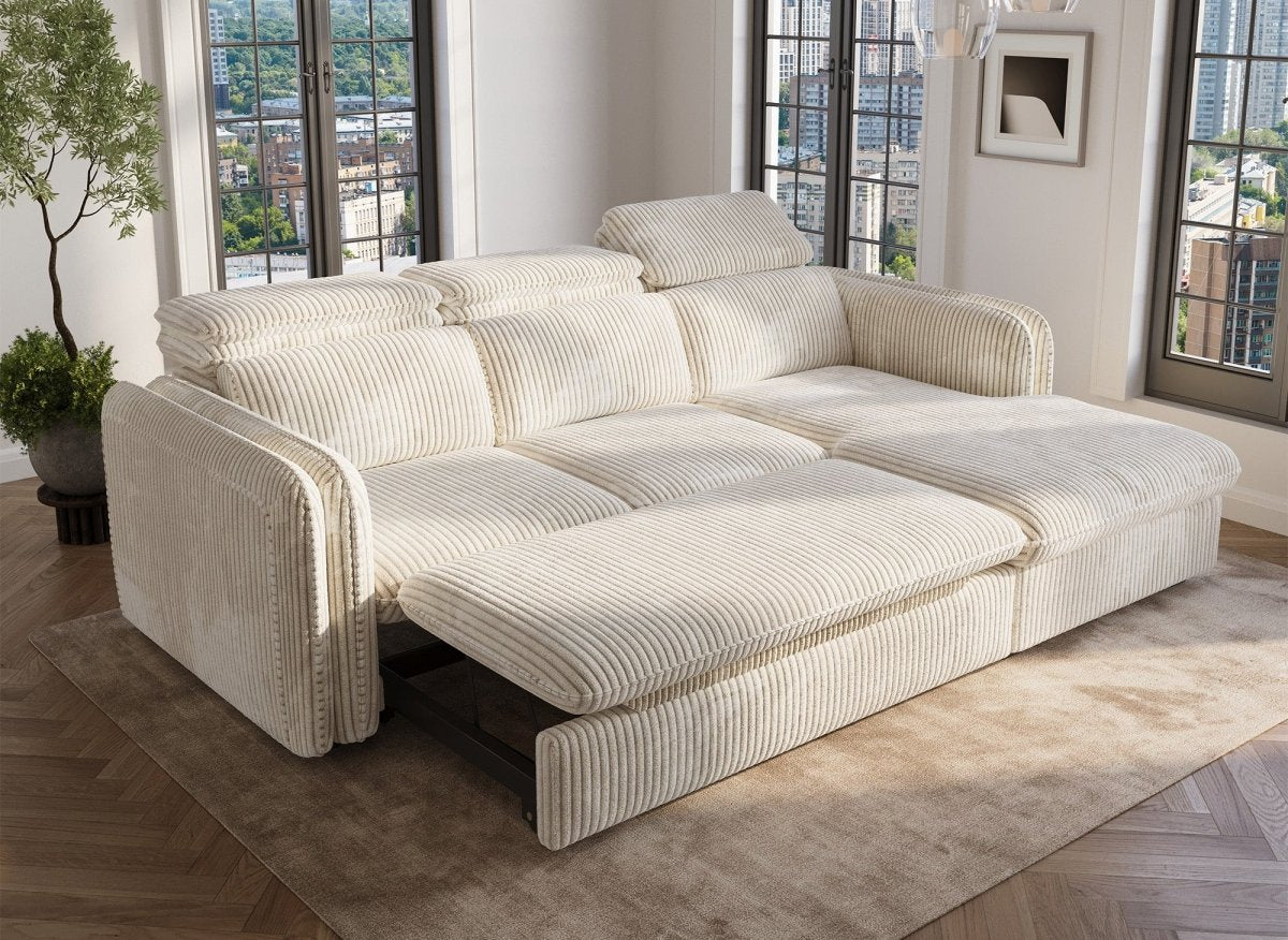 Canapé d'angle convertible en velours côtelé épais beige ISABELLA - Angle droit - DécoInParis