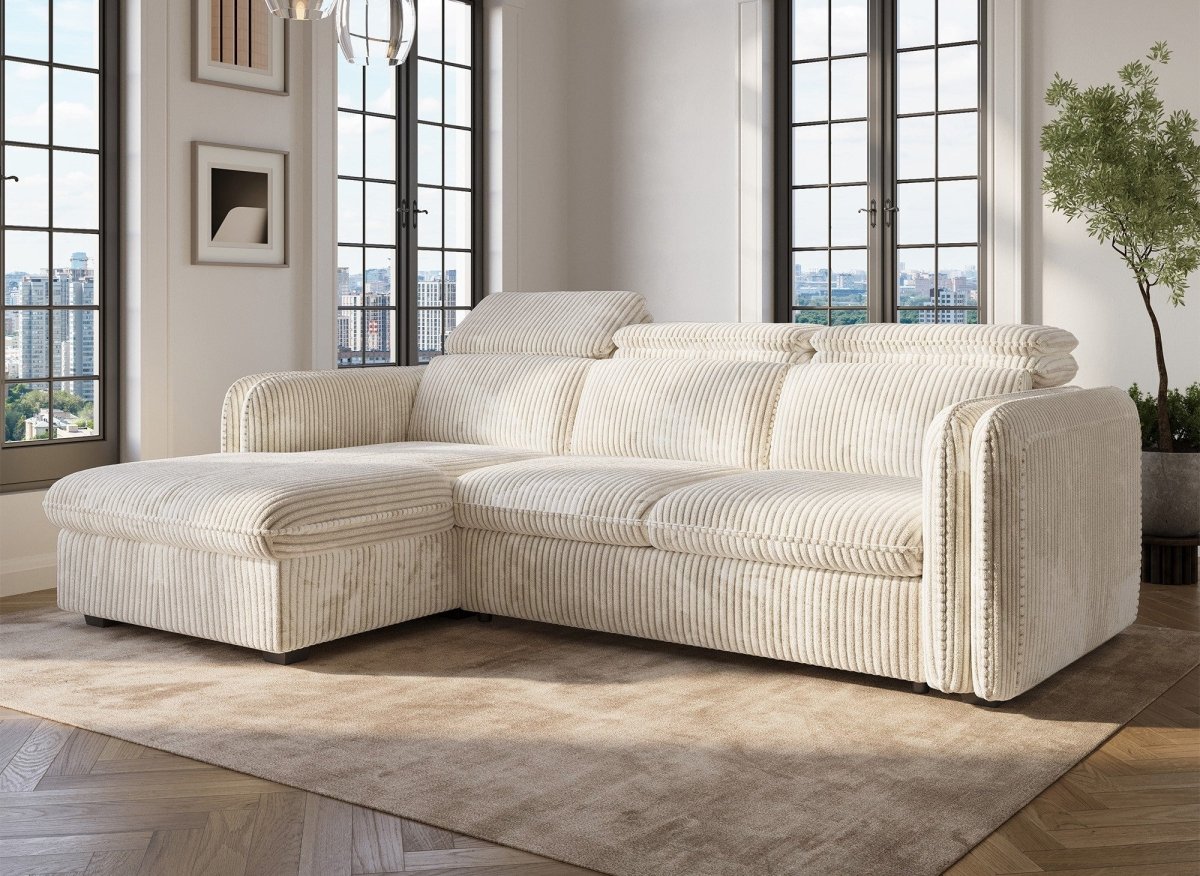 Canapé d'angle convertible en velours côtelé épais beige ISABELLA - Angle gauche - DécoInParis