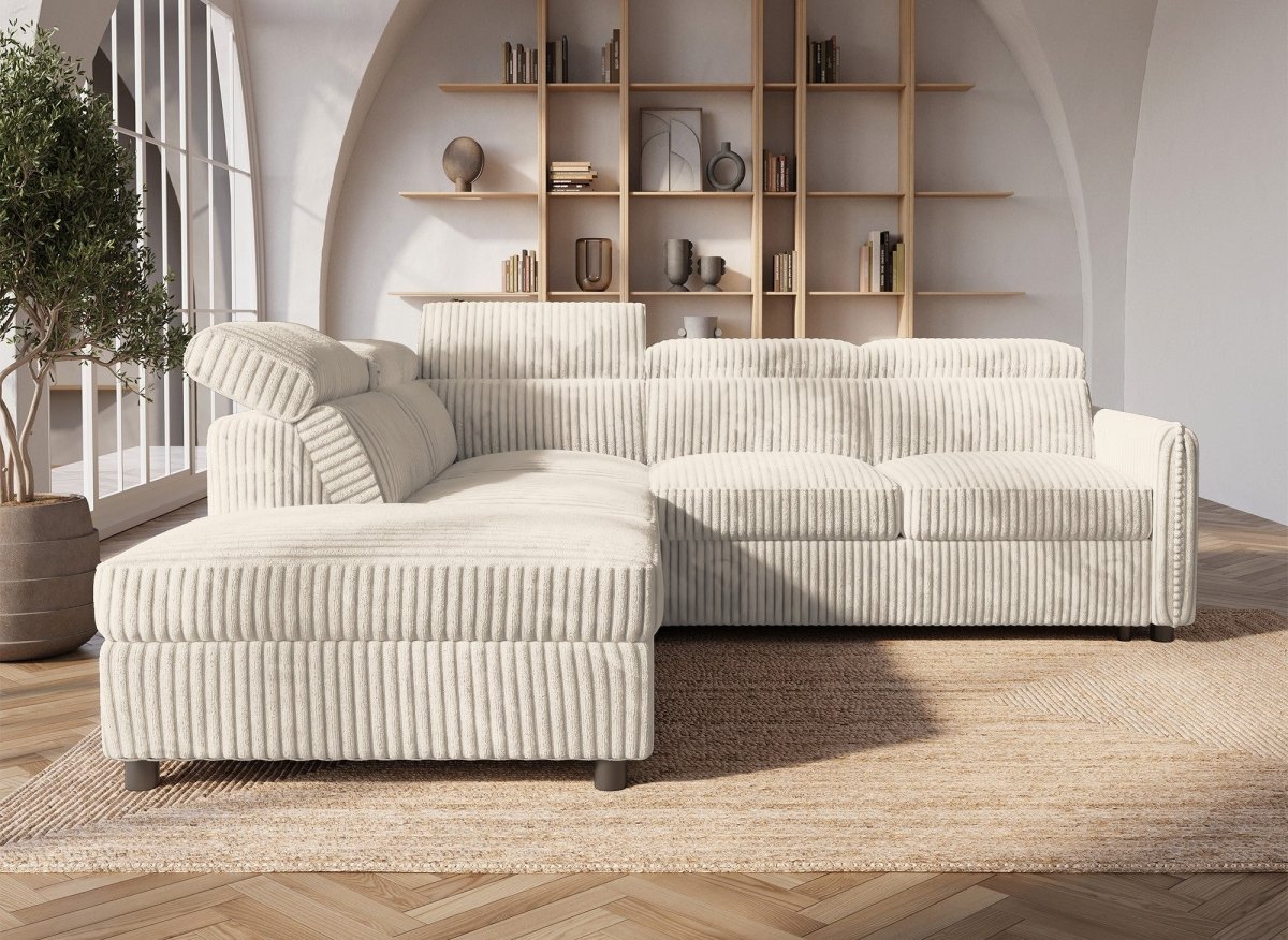 Canapé d'angle convertible en velours côtelé épais beige NAIROBI - Angle gauche - DécoInParis